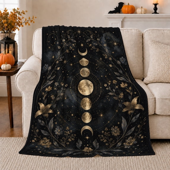 Celestial Moon Phases Botanical Vines Mystical Art Peaceful, Festive Celestial Art Scene, Warm Flannel Blanket for Sunroom and Reading Nook, Garden Lovers Housewarming Gift, Festive Home Decor
