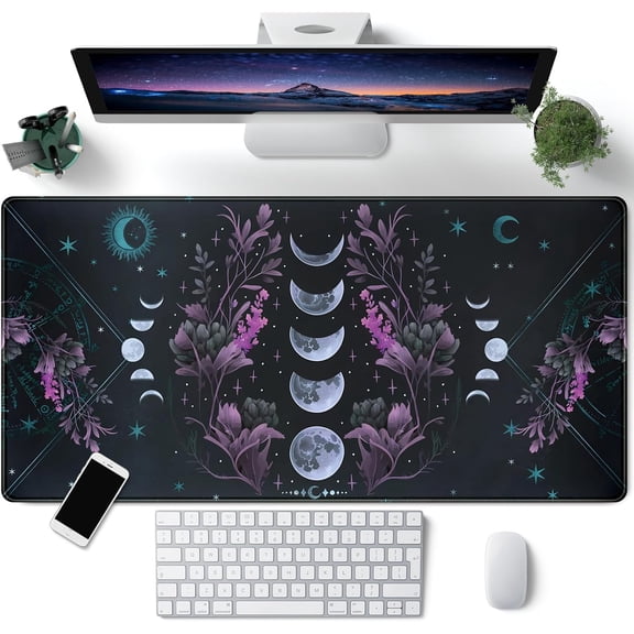 Celestial Moon Phases Mouse Pad Large Purple Desk Mat Forest Extended Gaming Mousepad Violet Teal Desk Pad XXL 31.5 x 15.7 in Laptop Computer Mouse Keyboard Mat for Office Desk Decor