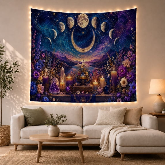 Celestial Moon Phases in a Starry Night Sky, Mystical Serene Fantasy for Mysticism Lovers, Cosmic Home Decor, Housewarming Gift Tapestry Wall Hanging for Bedroom, Living Room and Dorm