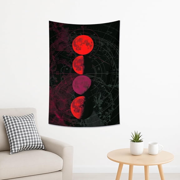 Celestial Moon Phases Tapestry, Red Peach Black Wall Art, Lunar Decor for Autumn and Halloween, Bohemian Aesthetic Tapestries for Living Room, Bedroom, Dorm 40x60 Inch