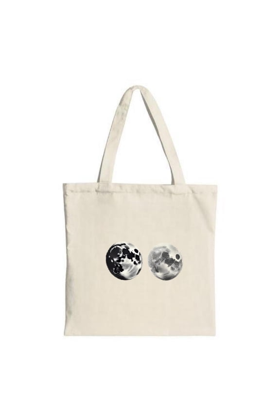 Celestial Moon Print Tote Bag - Stylish Canvas Reusable Shopping Bag with Two Circular Moon Designs Perfect for Travel & Parties