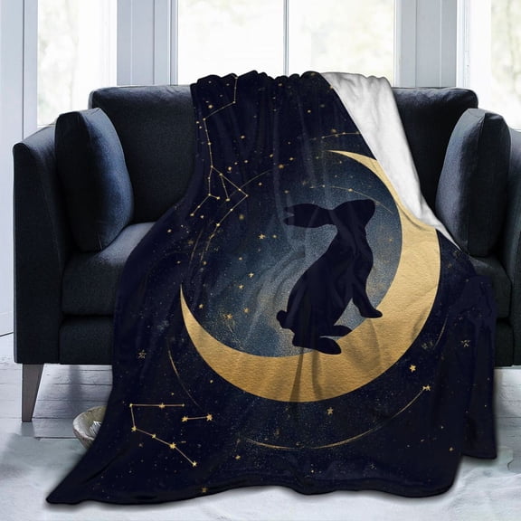 Celestial Moon Rabbit Throw Blanket, Mystical Gold Star Design, Soft Lightweight Spiritual Decorative Blanket for Sofa, Bed & Home 50x40