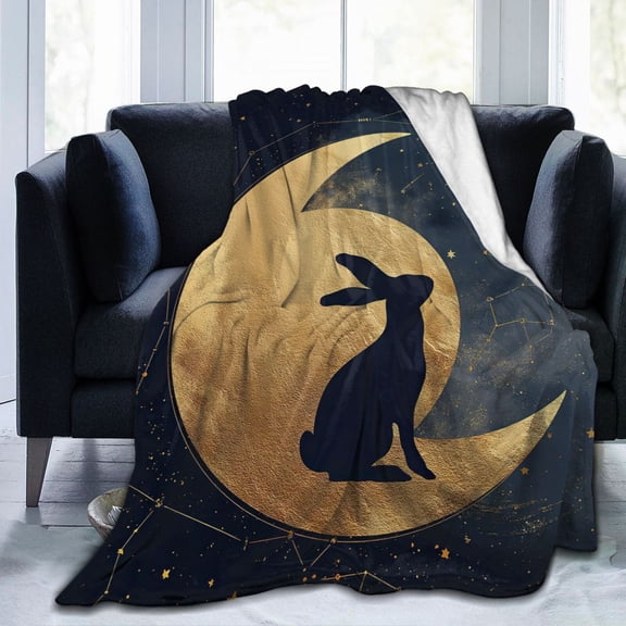 Celestial Moon Rabbit Throw Blanket, Mystical Gold Star Design, Soft Lightweight Spiritual Decorative Blanket for Sofa, Bed & Home 50x40