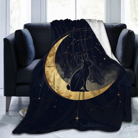 Celestial Moon Rabbit Throw Blanket, Mystical Gold Star Design, Soft Lightweight Spiritual Decorative Blanket for Sofa, Bed & Home 50x40