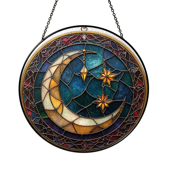 Celestial Moon Stained Glass Style Suncatcher Window Hanging, Crescent Moon and Starry Skyline Glass Panel Art, Night Sky City Window Decor, Decorative Moon Sun Catcher Ornament for Home Window