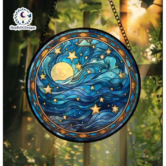 Celestial Moon Stained Glass Suncatcher, Starry Sky Acrylic Suncatcher, Gift for Dreamers, Fantasy Window Art, Blue Gold Boho Decor 4296987786
