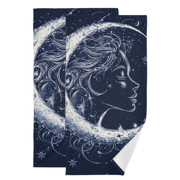 Celestial Moon Star Beautiful Side Face Hand Towel Absorbent Bath Towels for Bathroom Sports Gym 28" x 14" Set of 2