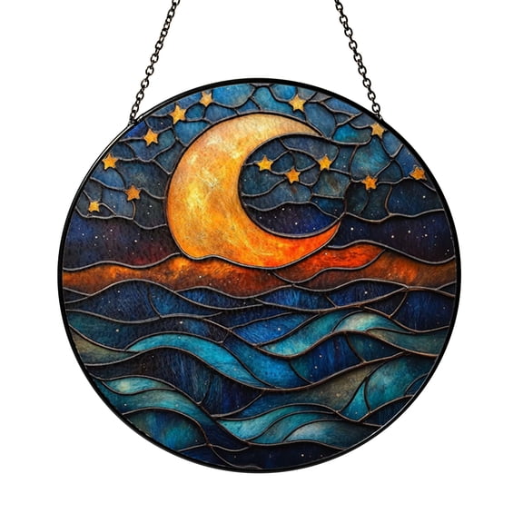 Celestial Moon Star Glass Suncatcher for Window Decor, Dreamy Night Sky Light Catcher Hanging Ornament, Calming Spiritual Home Gift