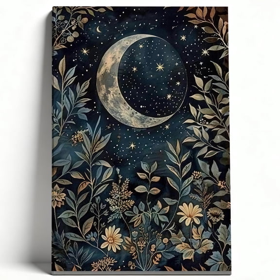 Celestial Moon and Stars Botanical Framed Canvas Wall Art - Boho Floral Night Sky Canvas Prints for Living Room & Bedroom - Dark Academia Home Office Decor, Multiple Sizes 12*18inch(30*45cm)