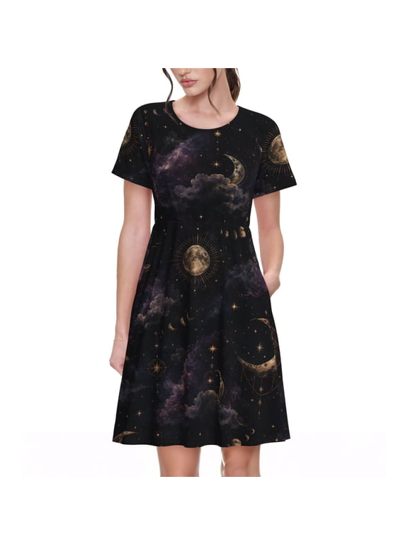 Celestial Moon Stars Dresses Short Sleeve Nightdresses for Women