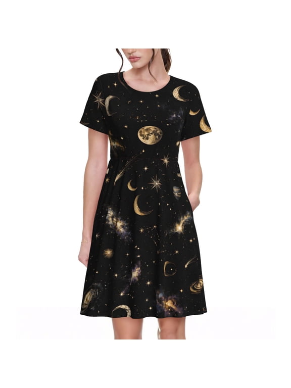 Celestial Moon Stars Dresses Short Sleeve Nightdresses for Women