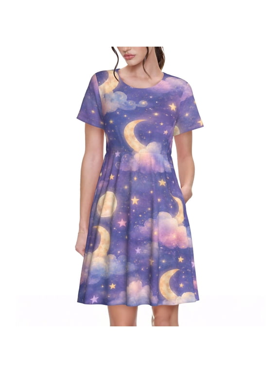 Celestial Moon Stars Dresses Short Sleeve Nightdresses for Women