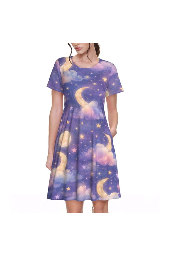 Celestial Moon Stars Dresses Short Sleeve Nightdresses for Women