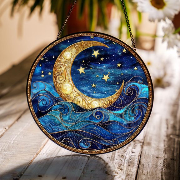 Celestial Moon & Stars Glass Suncatcher, Boho Window Decor, 7.9 in