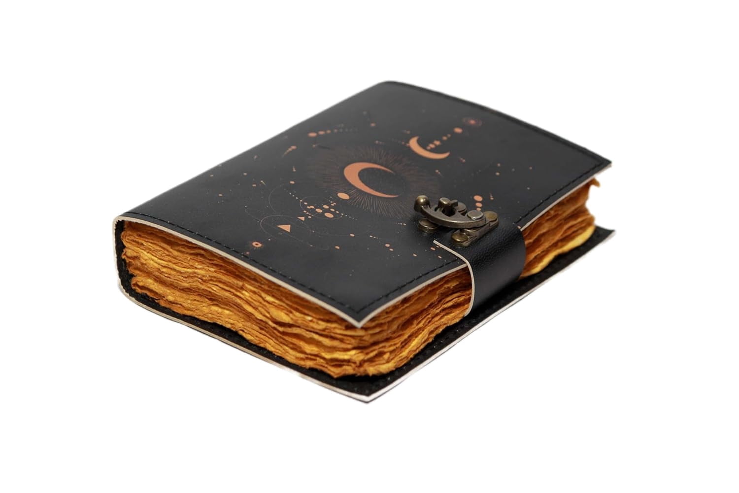Celestial Moon & Stars Leather Journal – Handmade Vintage Lock Diary, 7x5 Inch with 200 Blank Antique Pages