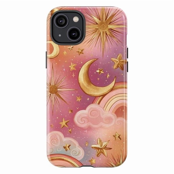 Celestial Moon and Stars Phone Case, Pink and Gold Rainbow Clouds iPhone Cover, Boho Cosmic Artistic Protective Case for iPhone 16 15 14 13 12 11 Plus Pro Max Mini