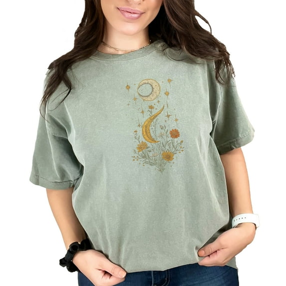 Celestial Moon and Stars T-Shirt, Boho Lunar Floral Graphic Tee, Vintage Inspired Nature Shirt, Mystical Sun and Moon Art Top, Moss Comfort Colors T-Shirt, 3XL