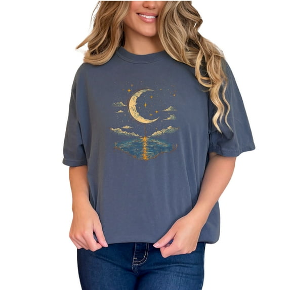 Celestial Moon and Stars T-Shirt, Unique Moon Phases Tee, Starry Night Shirt, Artistic Moon and Reflection Print, Cosmic Sky T-Shirt, Denim Comfort Colors T-Shirt, Small