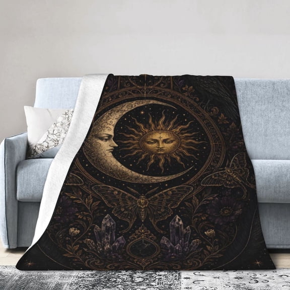 Celestial Moon Sun Blanket Gift Throw Blanket Gift for Women Mystic Gothic Raven Moth Home Decor 50x40