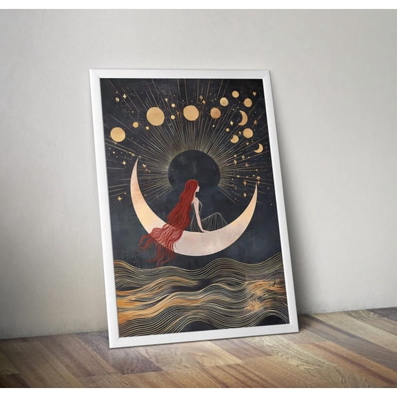 Celestial Moon Wall Art Mystic Woman Lunar Phase Poster Cosmic Night Sky Decor Boho Spiritual Print 8x12 Inches UNFRAMED