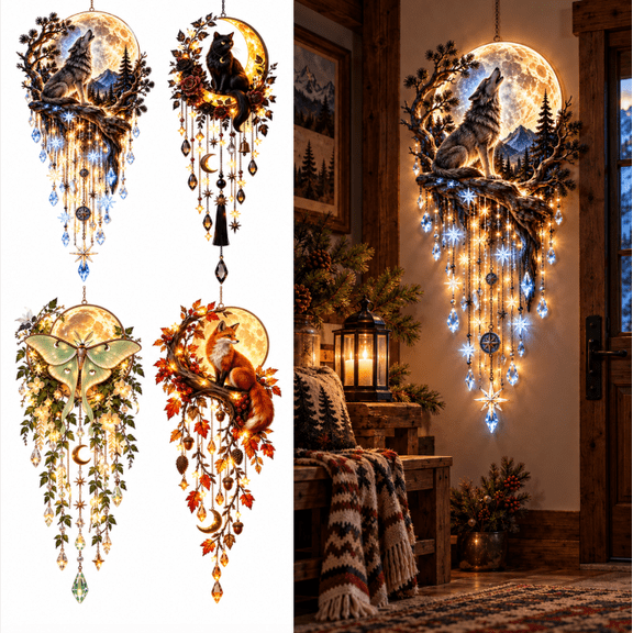 Celestial Moon Wall Hanging Light, Woodland Starfall Decor with Cascading Stars Crystal Style Pendants and Nature Accent for Bedroom Living Room Entryway, Wolf - Moonlit Mountain