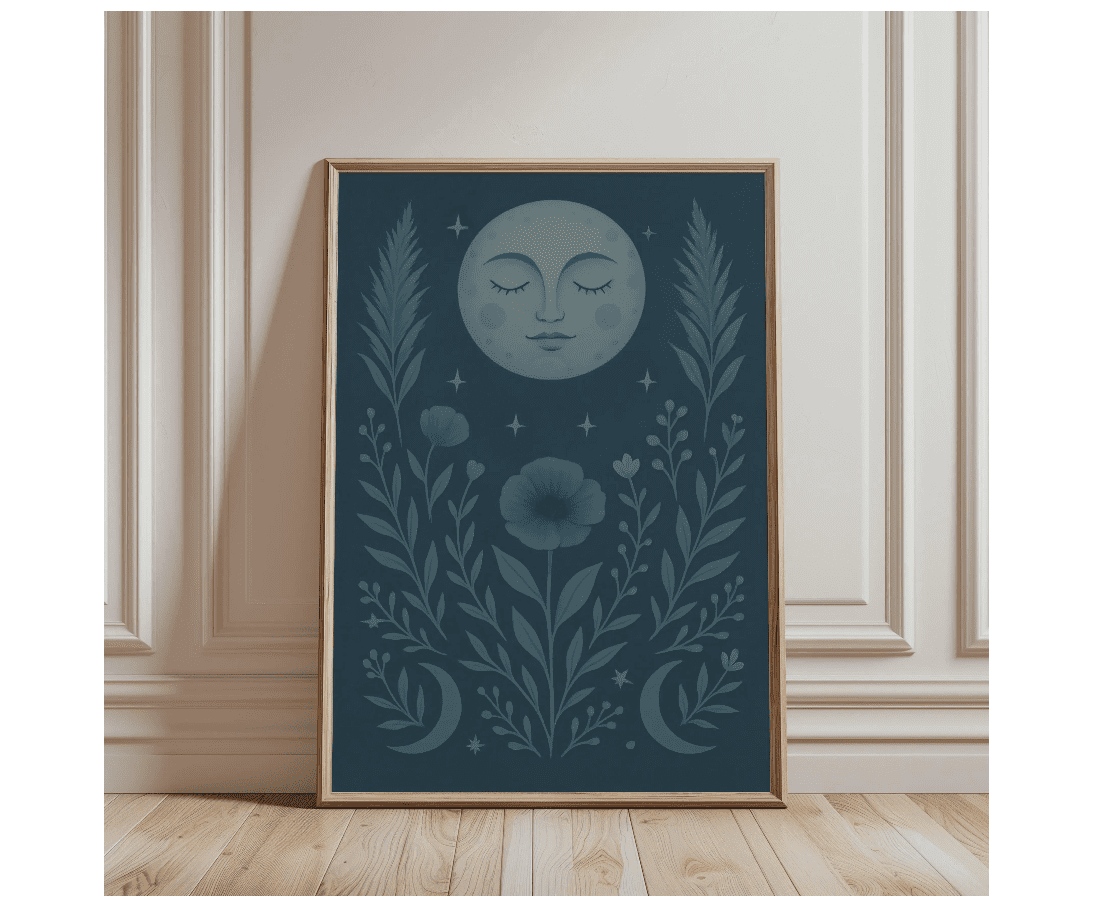Celestial Moon Wall Poster Blue Botanical Night Sky Poster Mystical ...