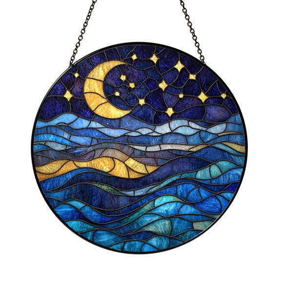 Celestial Moon Window Hanging Stained Glass Suncatcher Decor, Night Sky Sun Catcher Panel for Home Window Decoration, Starry Sky Inspired Decorative Art