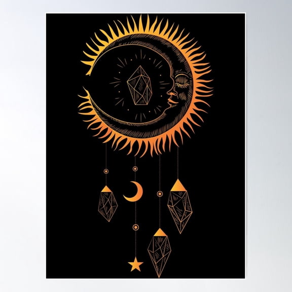 Celestial Moon With Healing Crystals Poster Wall Art, Modern Wall Decor For Living Room Bedroom, 8x12 UNFRAMED