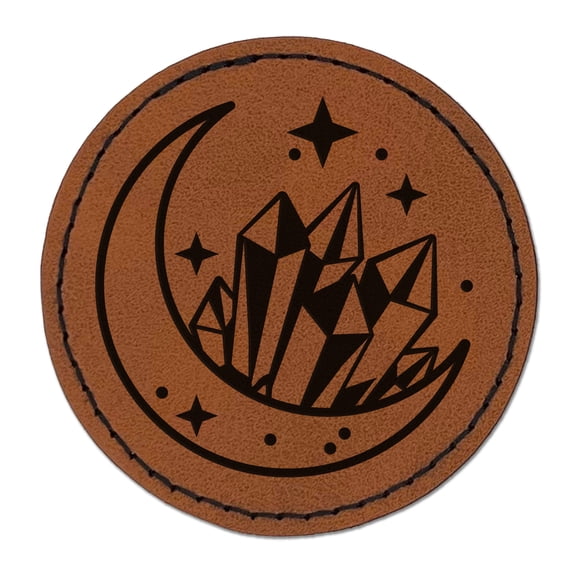 Celestial Moon and Crystals 2.5" Faux Leather Round Engraved Iron-On Patch - Brown