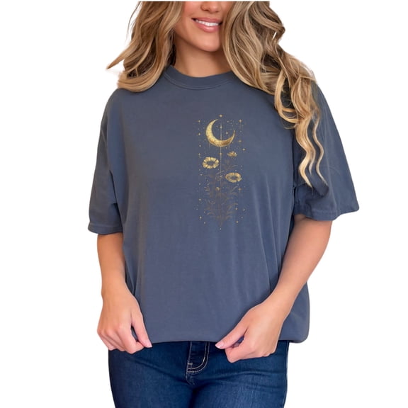 Celestial Moon and Floral Graphic Tee, Crescent Moon and Flowers Art Shirt, Astrology Lovers Gift, Denim Comfort Colors T-Shirt, Medium