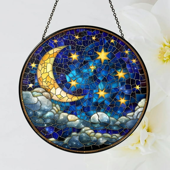 Celestial Moon and Star Stained Glass Suncatcher, Starry Night Window Ornament, Handmade Gift, Unique Holiday Decor, Boho Home Accent Art