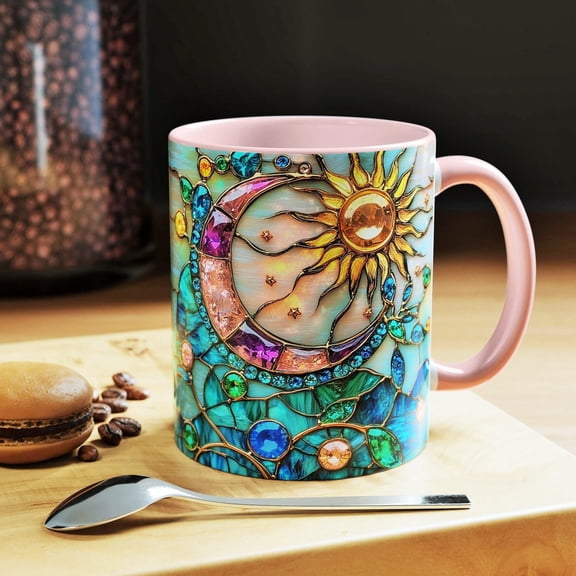 Celestial Moon and Stars Mug Stained Glass Pattern Ceramic Coffee Cup Space Art
