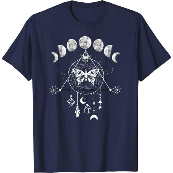 Celestial Moon phase Moth Crystals Stars Vintage Unisex T-Shirt for Men Women Kids Toddler,Navy Color,Size 5XL