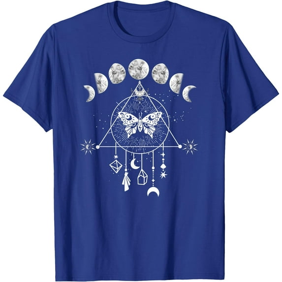 Celestial Moon phase Moth Crystals Stars Vintage Unisex T-Shirt for Men Women Kids Toddler,Royal Blue Color,Size 5XL