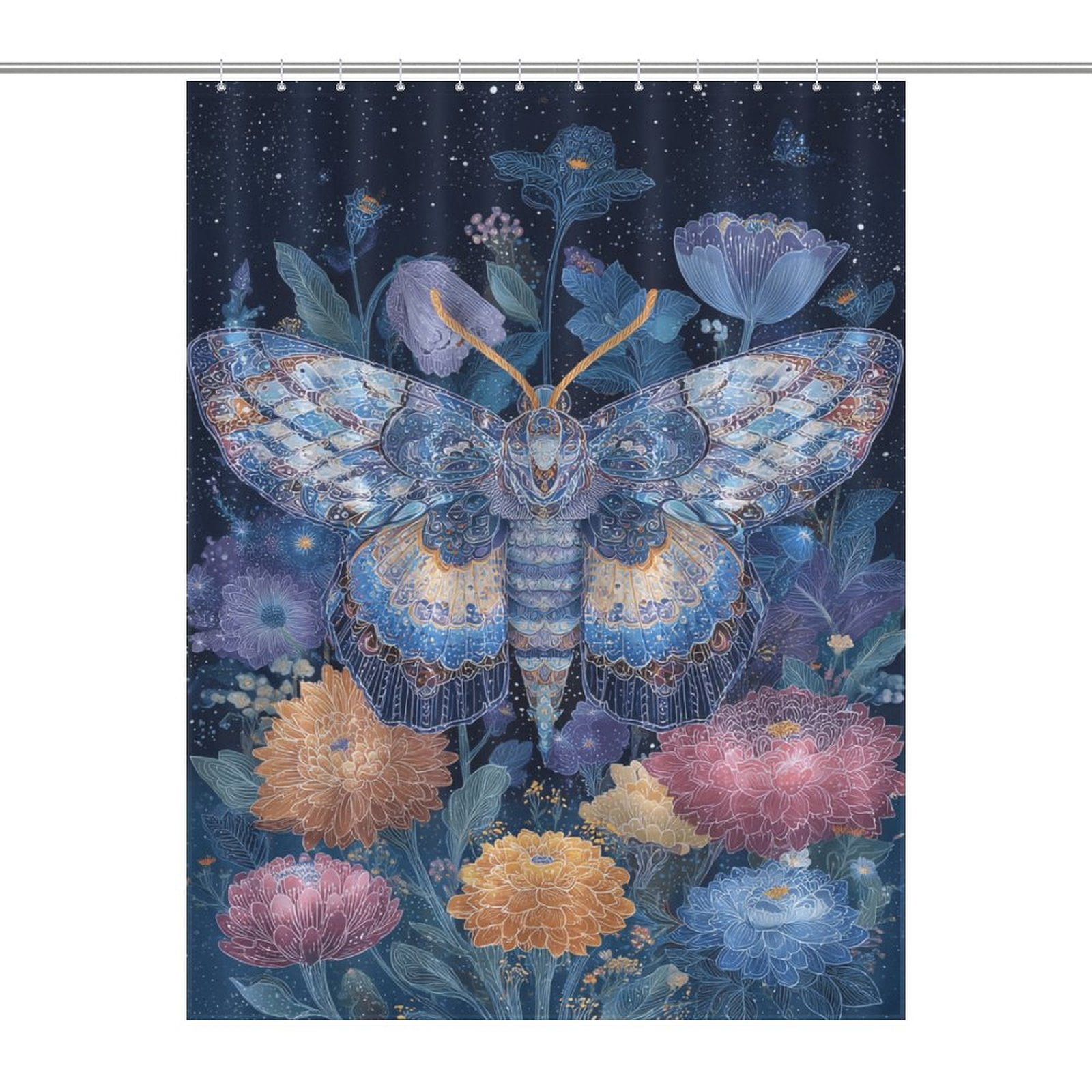 Celestial Moth Amidst Blooming Flowers Shower Curtains - Bath Shower Curtain Set with 12 Hooks ...