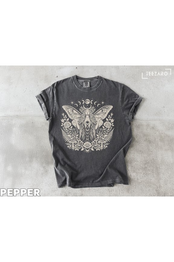 Celestial Moth Goddess T-Shirt, Mystical Moon Phase Pagan Boho Nature Tee