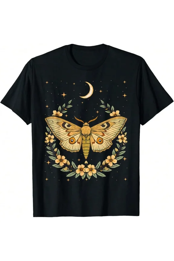 Celestial Moth Graphic T-Shirt Vintage Moon and Stars Floral Wreath Unisex Cotton Tee