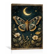 Celestial Moth Moon Floral Wall Art Lunar Gothic Canvas Print Dark Romantic Decor Gallery Wrapped Canvas Office Study 20"L x 30"W