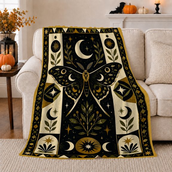 Celestial Moth Moon Folk Art Botanical Accents, Cozy Botanical Garden Scene, Warm Flannel Blanket for Sunroom and Reading Nook, Garden Lovers Housewarming Gift, Botanical Home Decor