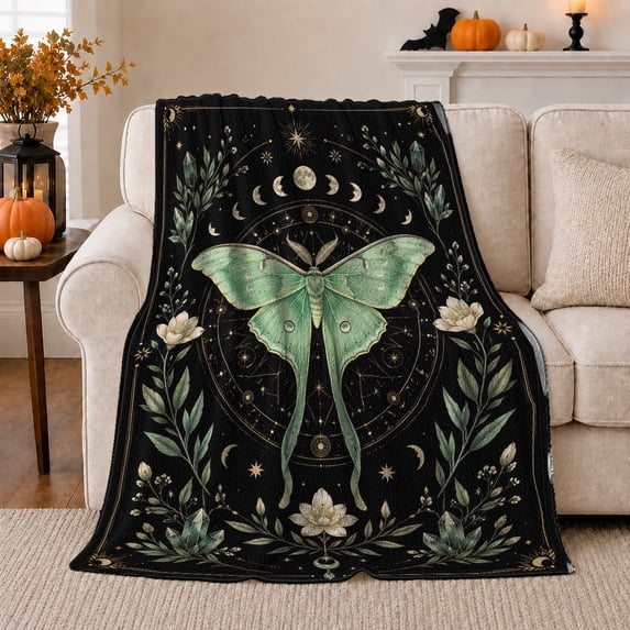 Celestial Moth Moon Phases Botanical Mystical Celestial Art, Mystical Celestial Art Scene, Warm Flannel Blanket for Sunroom and Reading Nook, Garden Lovers Housewarming Gift, Celestial Home Decor