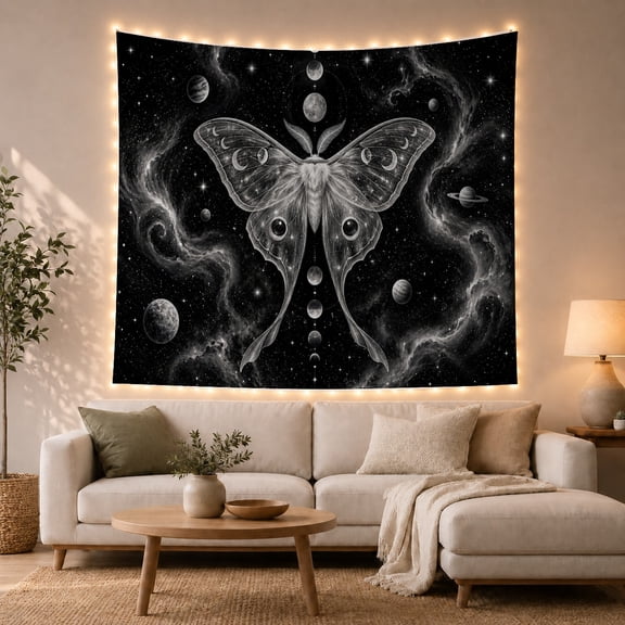Celestial Moth with Moons and Nebula in a Starry Night, Mystical Fantasy for Astronomy Fans, Cosmic Wall Decor, Halloween Gift, Tapestry Wall Hanging for Living Room and Bedroom