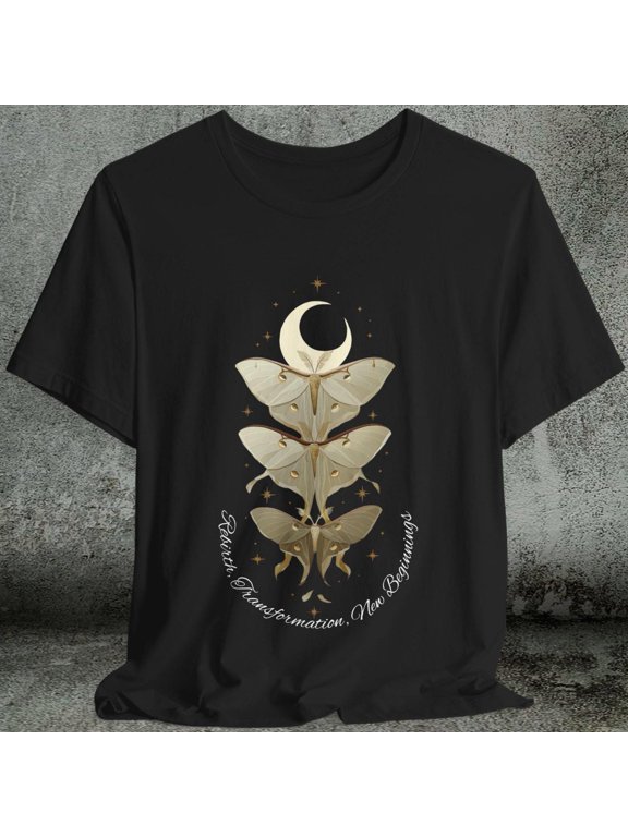 Celestial Moth New Beginnings T-shirt - Boho Graphic Tee, Moon and Moths T-Shirt, Ethereal Art Shirt, Mystic, Unisex Casual Wear, Vintage Birthday Gift