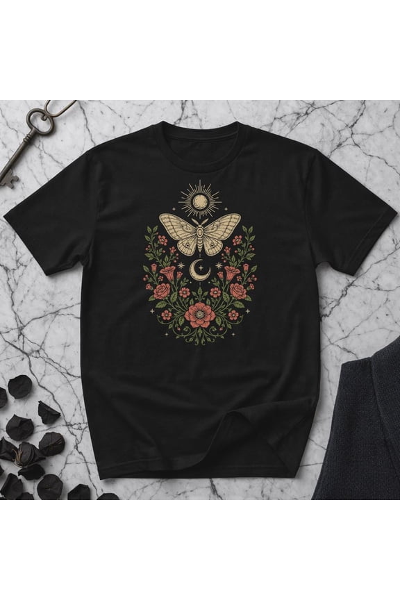 Celestial Moth Shirt - Moon Moth Tee - Sun Crescent Floral Graphic - Witchy Botanical Nature Unisex T-Shirt