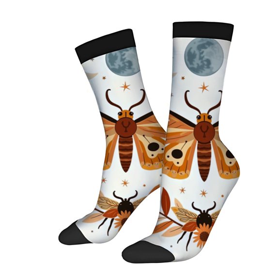 Celestial Moth & Star Socks - 2 Pairs of Unisex Trendy Socks with Moon Stars and Detailed Moth Designs Perfect for All Seasons