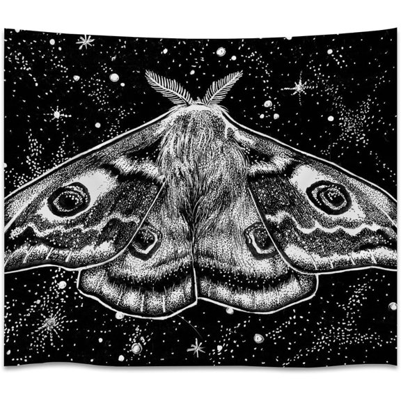 Celestial Moth Tapestry  Black and White Night Sky Wall Hanging Gothic Witchy Insect Art Boho Bedroom Dorm Decor 30x40inch