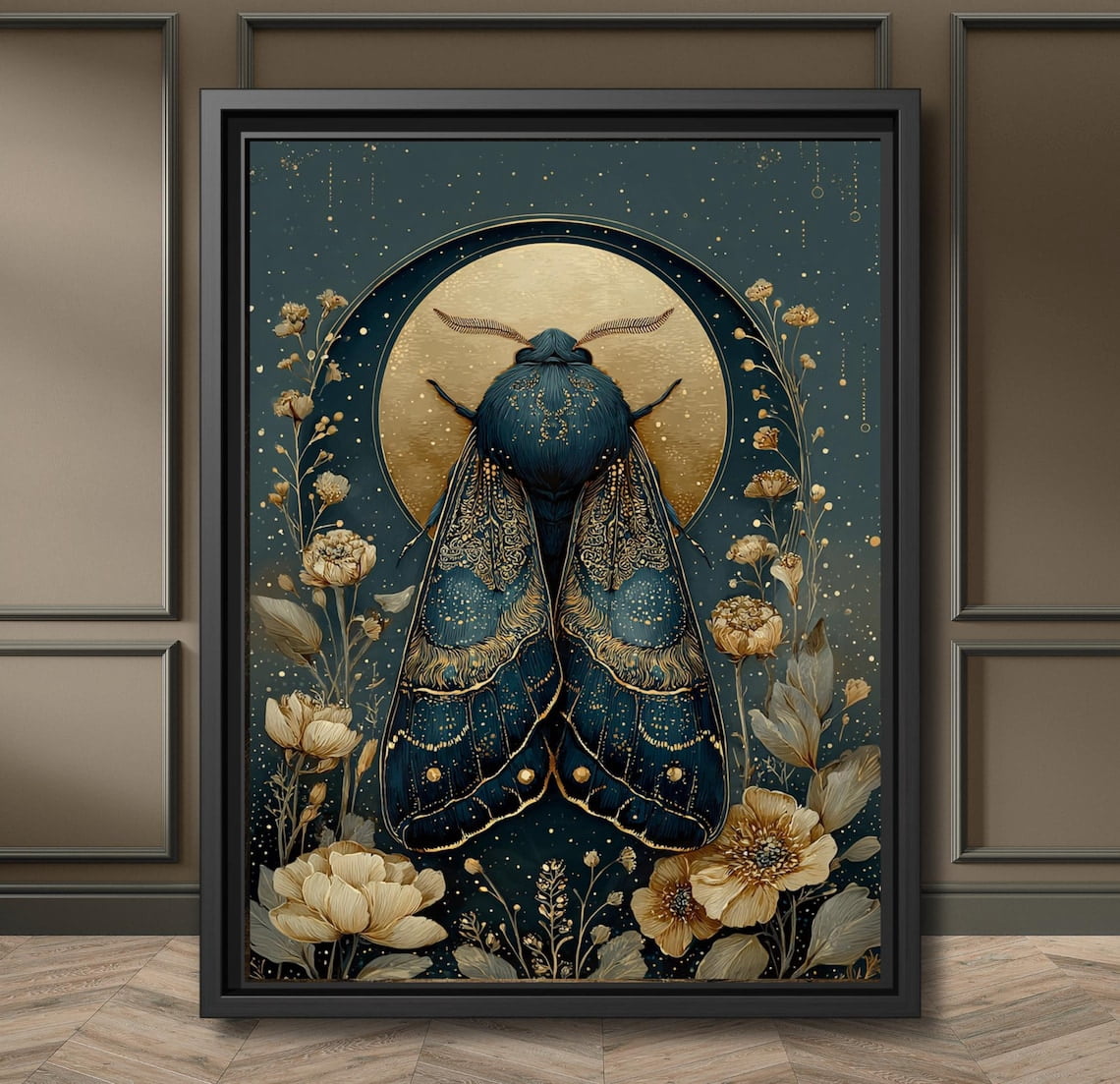Celestial Moth Wall Art Midnight Blue Botanical Insect Poster, Golden ...