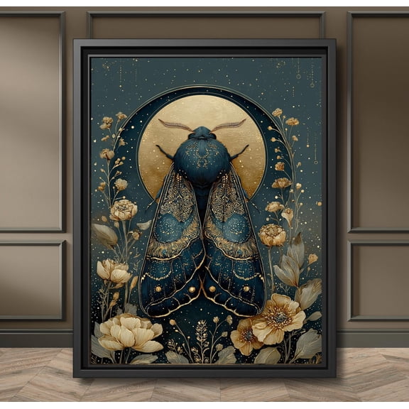 Celestial Moth Wall Art Midnight Blue Botanical Insect Poster, Golden Full Moon, Enchanted Nature Decor, Mystical Nocturnal Romantic Artwork, Unframed Poster Size 8x12