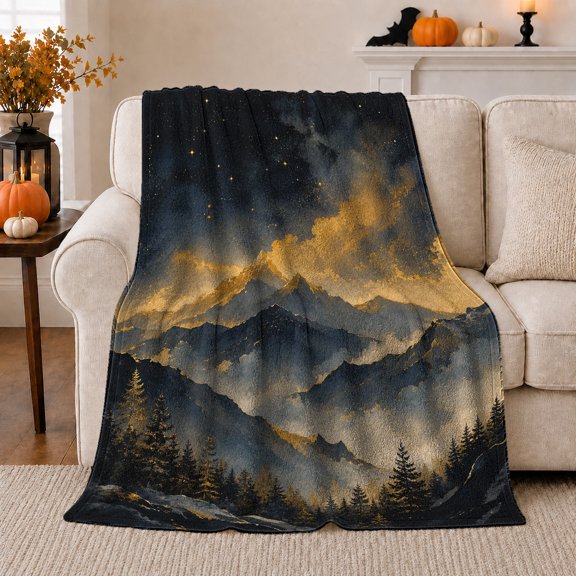 Celestial Mountain Night Sky, Peaceful Mountain Lake Scene, Warm Flannel Blanket for Cabin and Lodge with Detailed Artwork, Outdoor Lovers Camping Gift, Rustic Home Decor