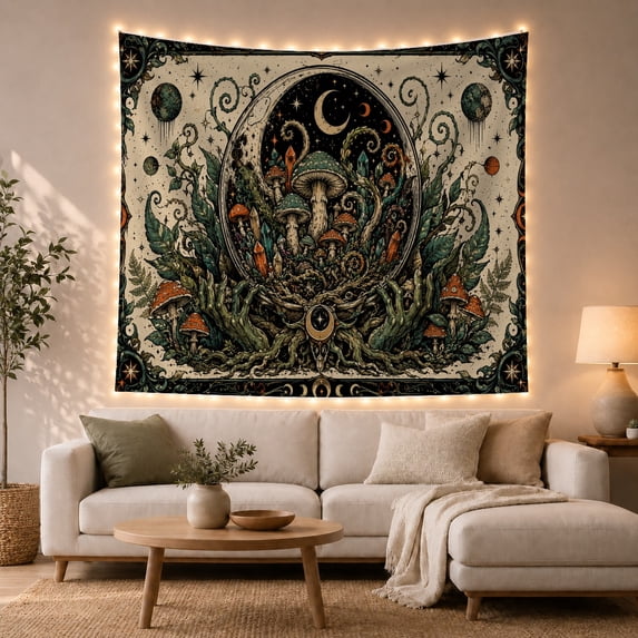 Celestial Mushroom Forest in Ornate Oval Portal, Mystical Psychedelic Style for Nature Lovers, Botanical Wall Art, Halloween Gift, Tapestry Wall Hanging for Bedroom, Living Room and Dorm