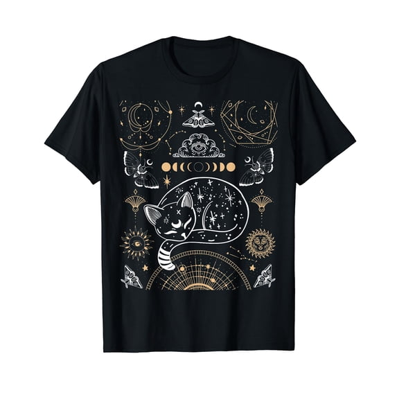 Celestial Mystical Moon Cat Cottagecore Moth Aesthetic Black T-Shirt